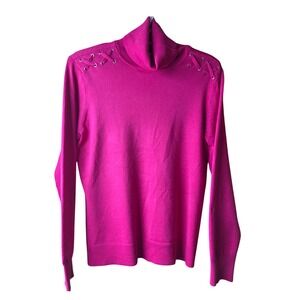 Retrology Sweater Medium Pink Peacock Turtleneck Lace Shoulder Knit NWT Women's